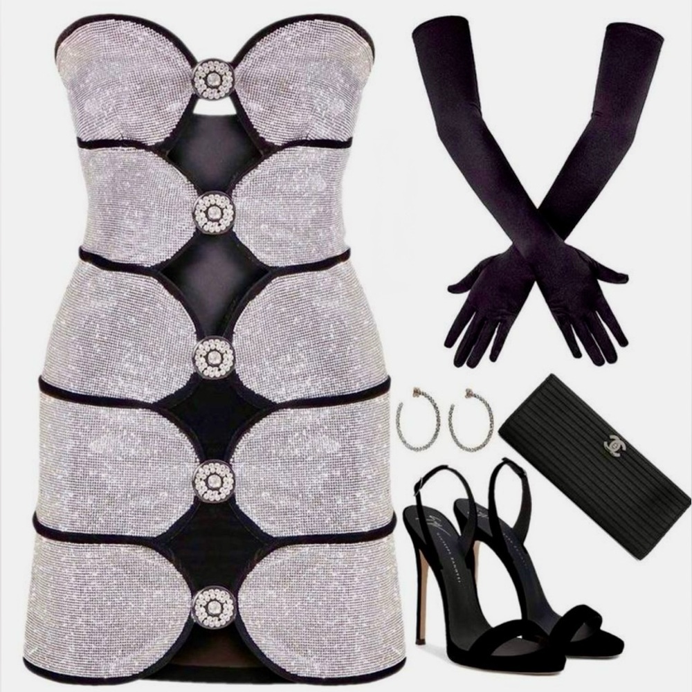 Luxury Black Embellished Cutout Strapless Cocktail Party Mini Dress